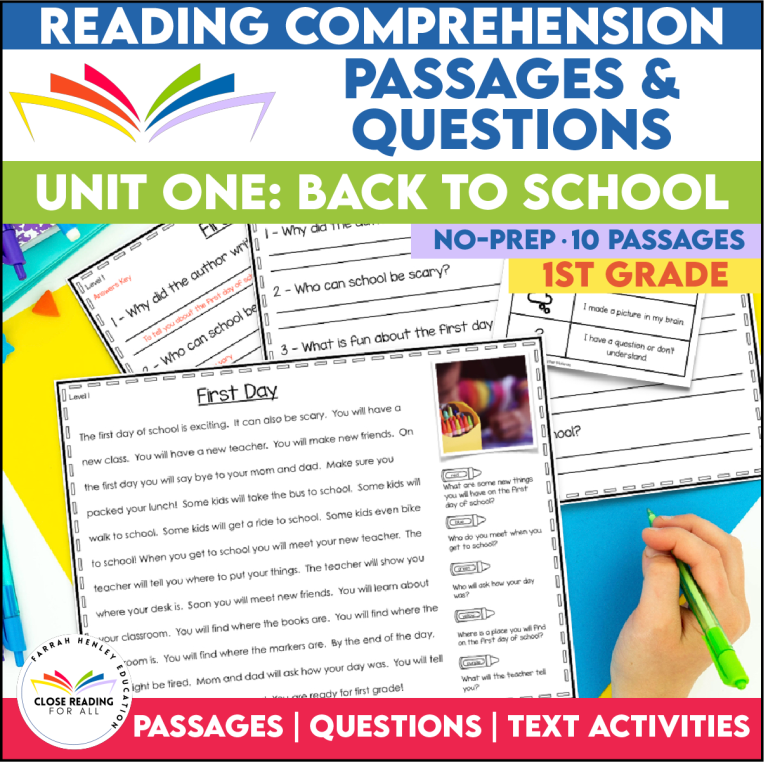 Back To School First Grade Reading Comprehension