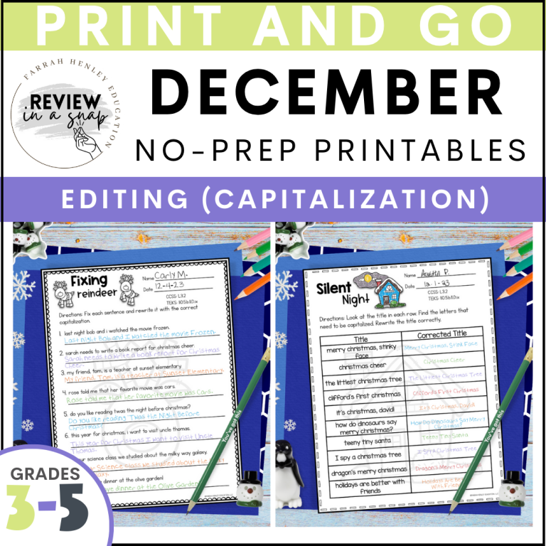 Third Fourth and Fifth Grade No Prep December Review Activities