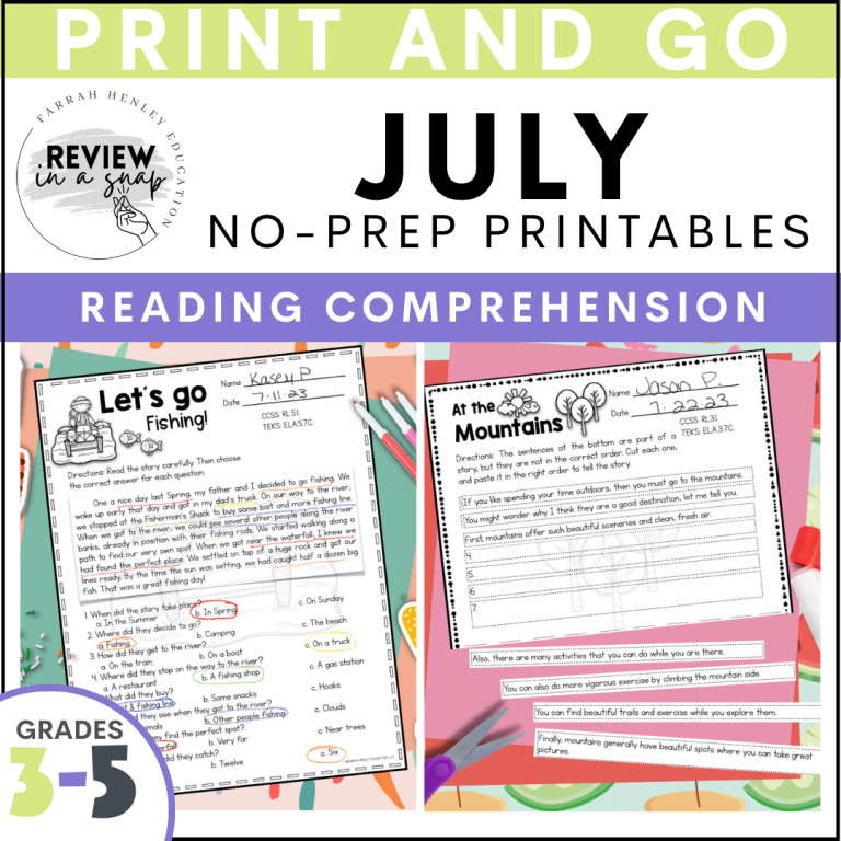 Third Fourth and Fifth Grade No Prep July Review Activities