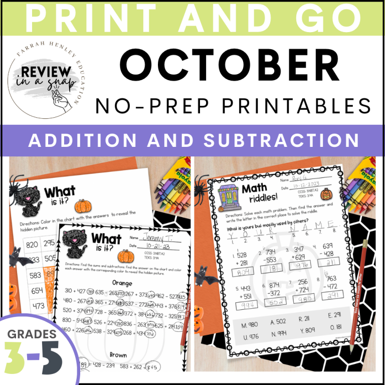 Third Fourth and Fifth Grade No Prep October Review Activities