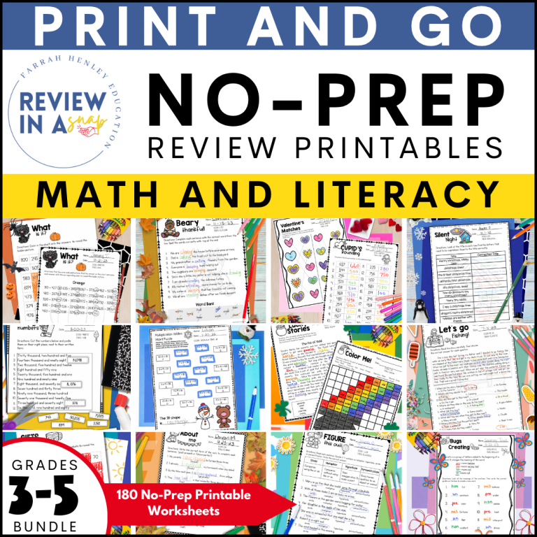 Third Fourth and Fifth Grade No Prep Math and Literacy Review Activities