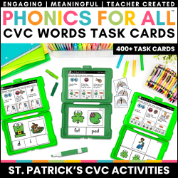 st. patrick's cvc word activities task cards