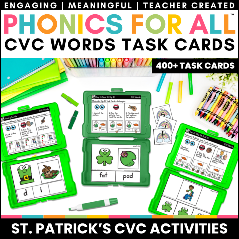 st. patrick's cvc word activities task cards