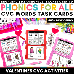 Valentines CVC Word Activities Task Cards